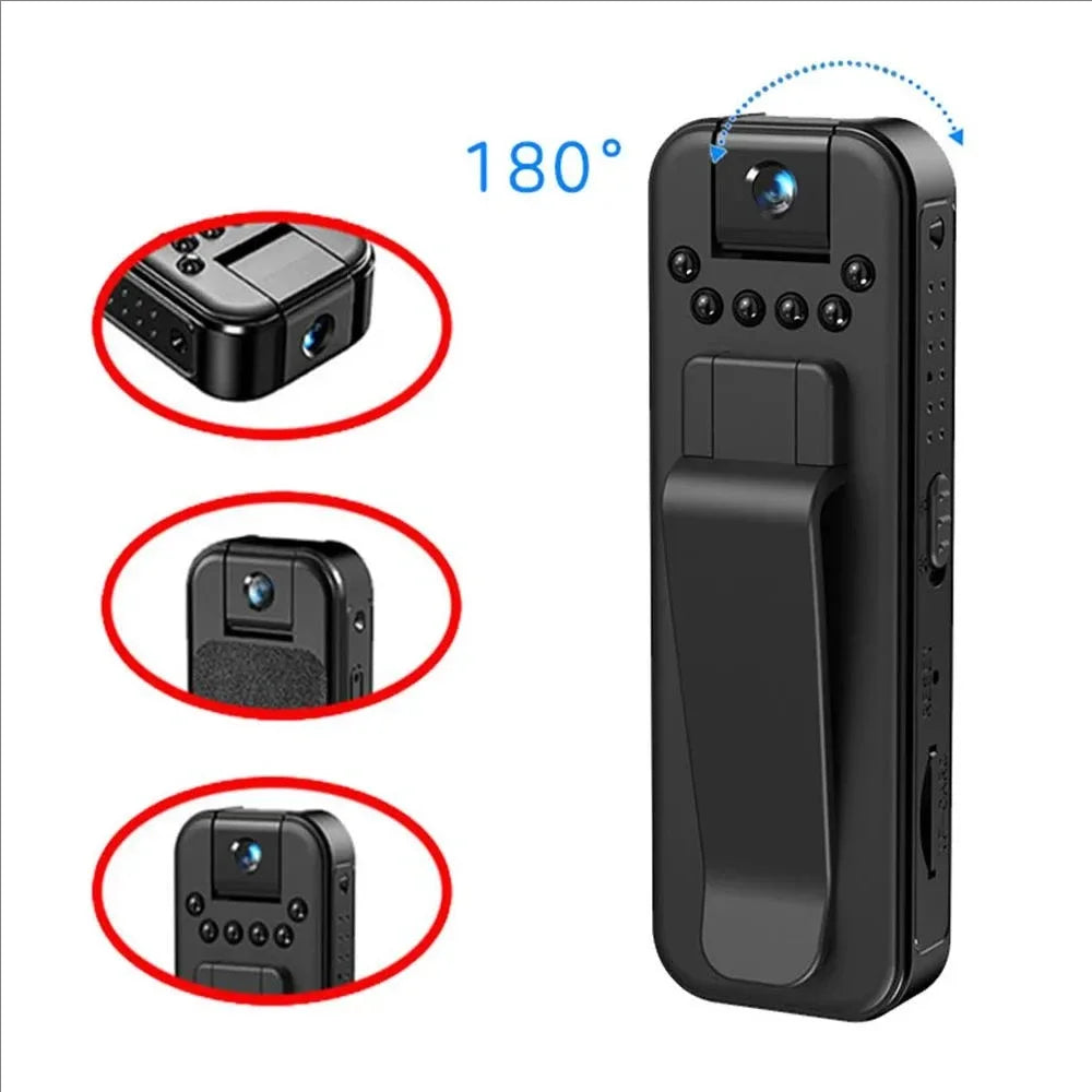 Black plastic portable body camera with a rotating 180-degree lens, infrared lights, and a back belt clip.