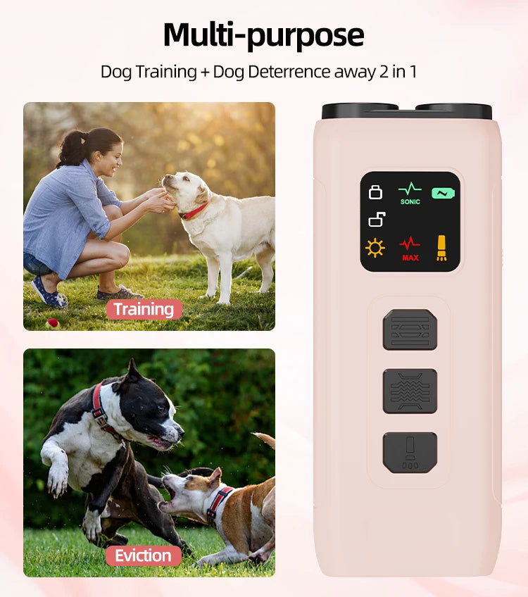 Blush pink rechargeable dog training and deterrent device with a digital display, buttons and LED strobe.