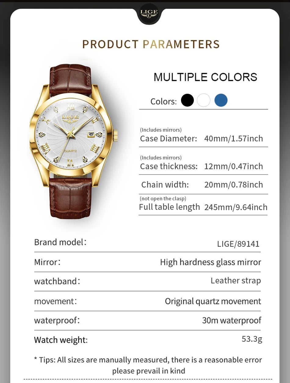 Elegant quartz watch with a gold-tone case, white patterned dial, and a brown crocodile-effect leather strap.