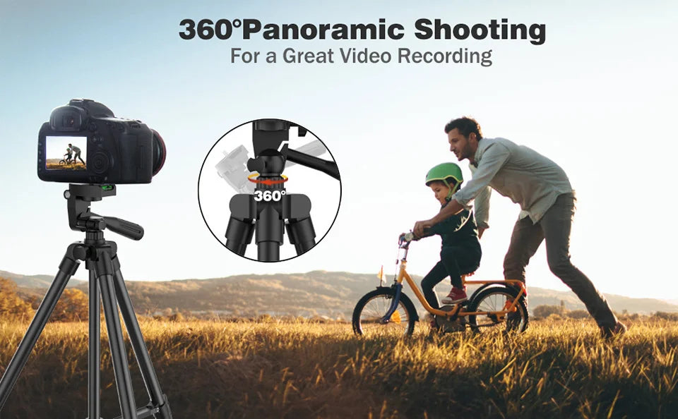Black tripod for cameras with 360-degree panoramic swivel head, shown filming a parent and child on a bike.