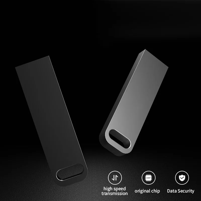 Two sleek, grey metal USB flash drives displayed against a black background, highlighting high-speed data security.