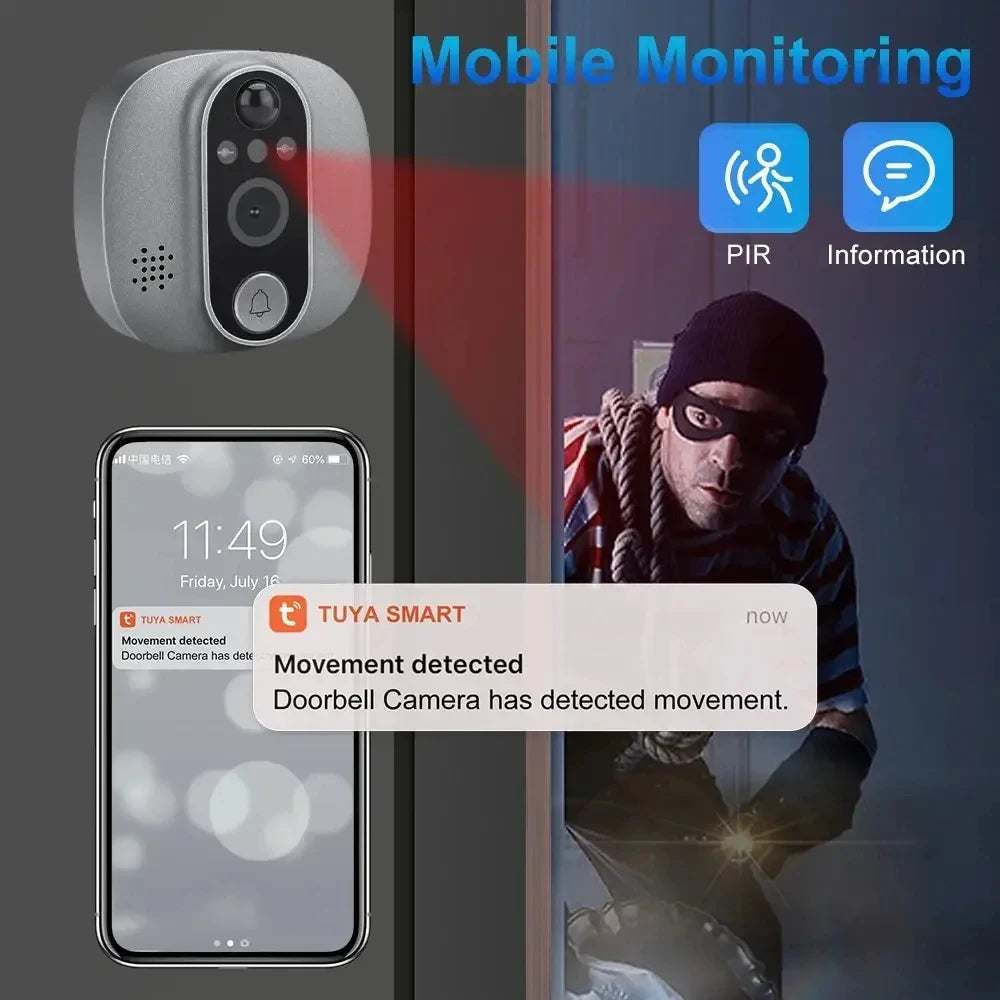 Sleek, grey smart wireless doorbell camera with motion detection alerts sent to a smartphone.