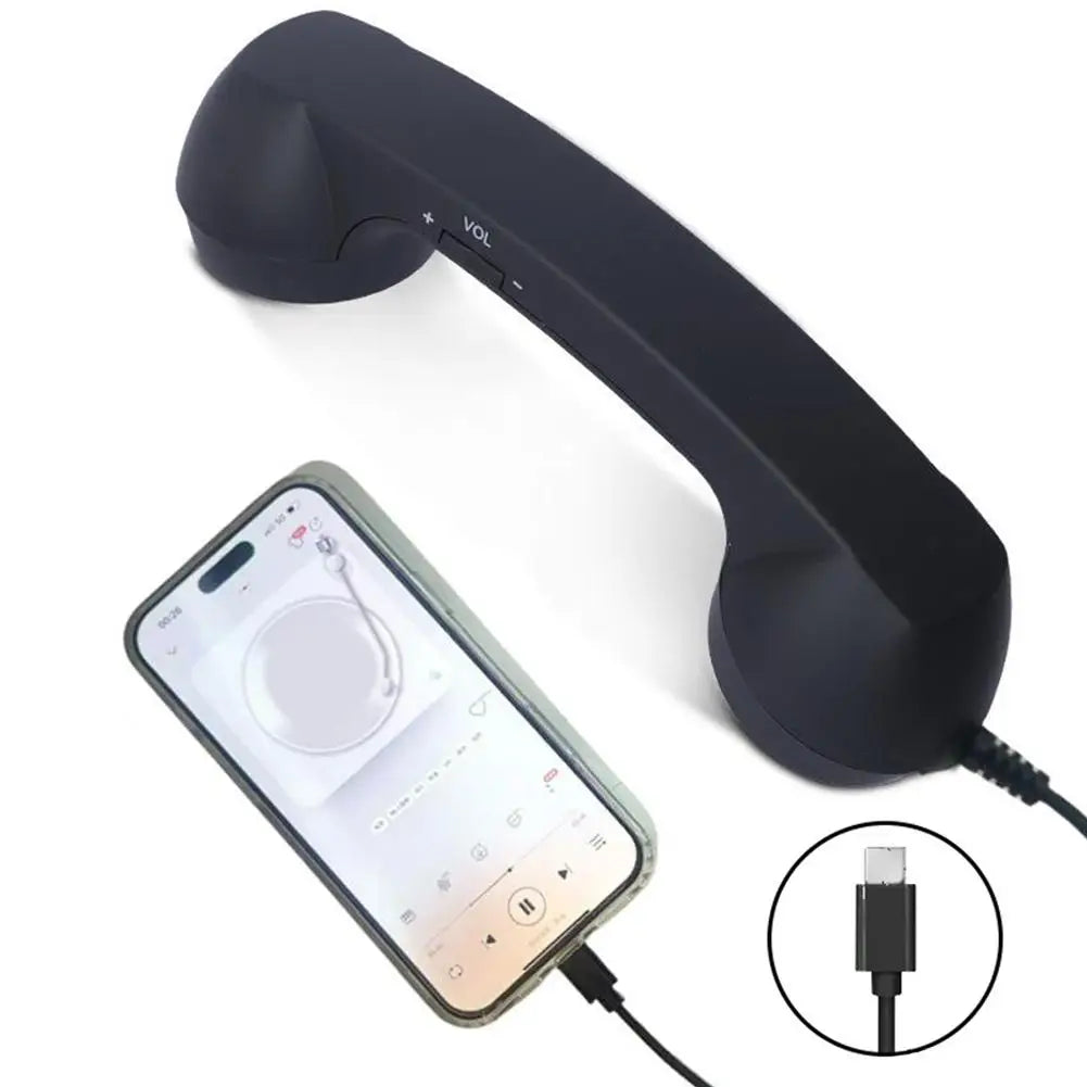 Black retro-style telephone handset for smartphones, featuring volume control buttons and a USB-C connector.