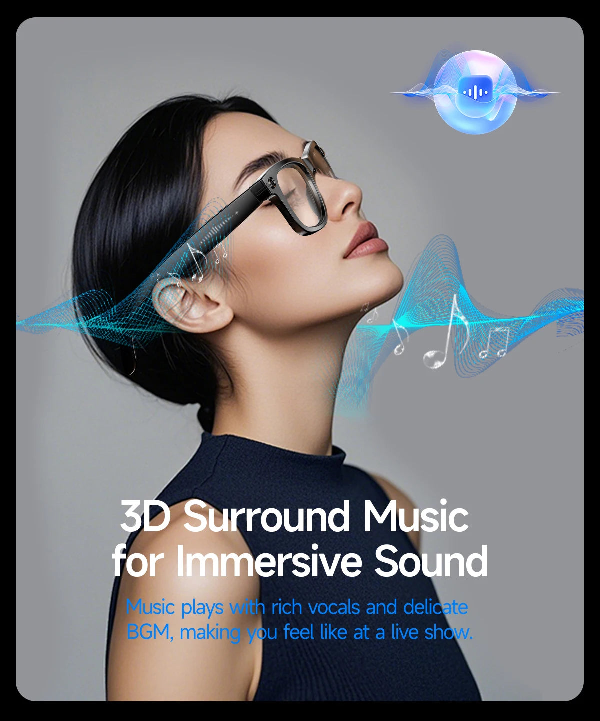 Woman wearing stylish black Bluetooth smart glasses with digital sound wave graphics for immersive audio.