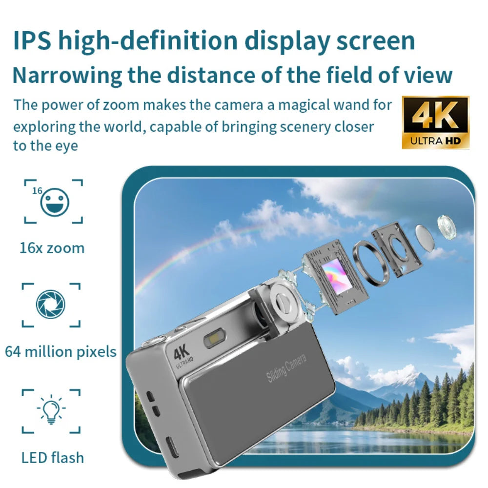 Silver digital camera with 4K resolution, 16x zoom, and internal lens components shown against a scenic background.