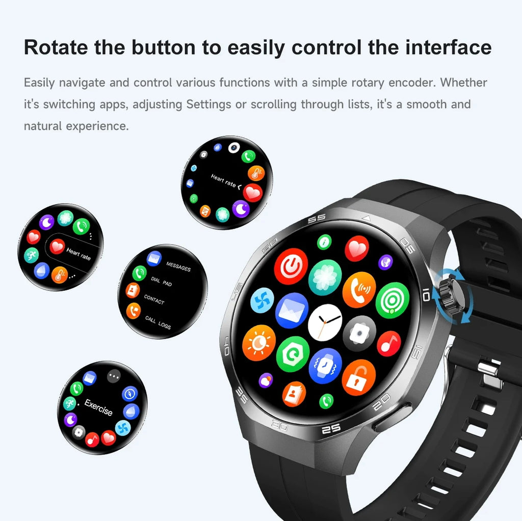 Black smart watch with a silver round bezel and a rotating crown for easy navigation of the colourful app interface.