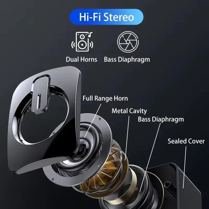 Exploded view of a black stereo speaker showing internal components like the metal cavity, horn, and bass diaphragm.
