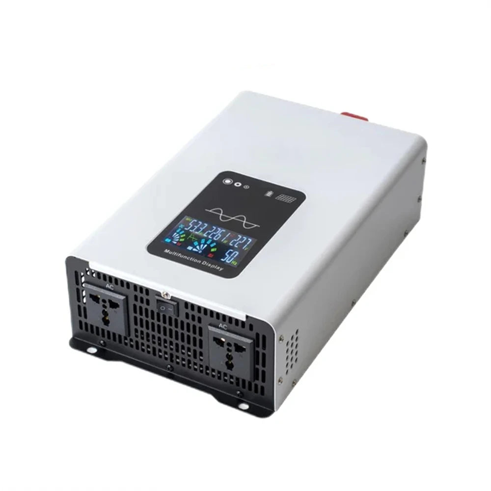 Silver pure sine wave power inverter with a digital display screen, two AC power sockets, and a black ventilation grille.