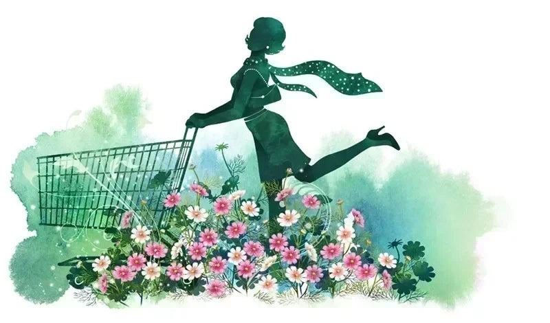 A green silhouette of a woman pushing a shopping cart through a garden of pink and white flowers.