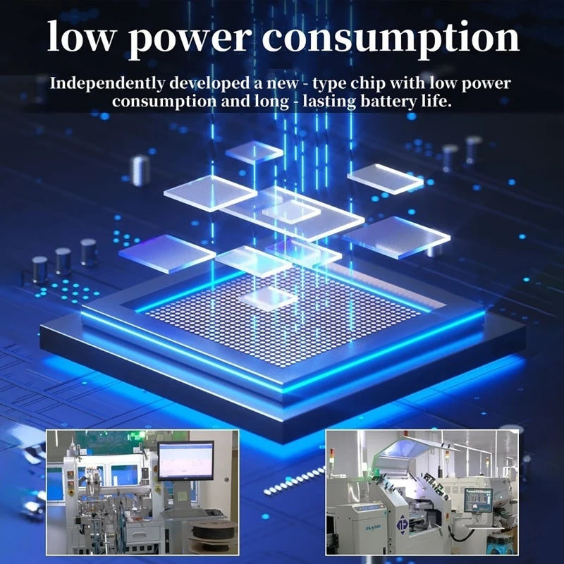 Digital graphic showing a glowing blue microchip on a circuit board, highlighting low power consumption technology.
