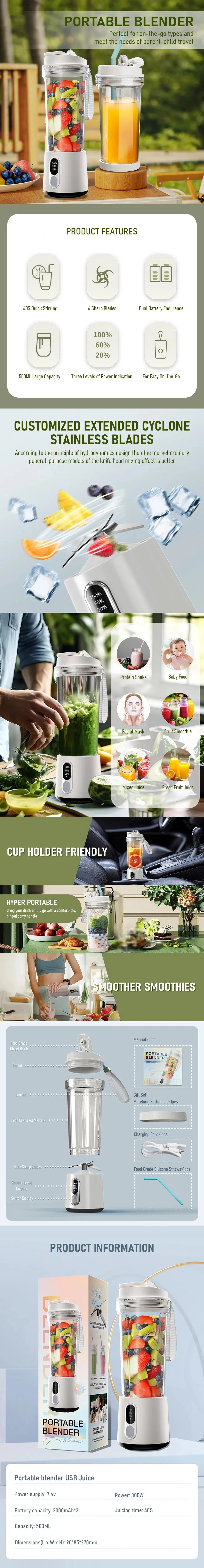 White portable blender with fruit, USB charging, and cyclone blades. Compact, modern design for on-the-go use.