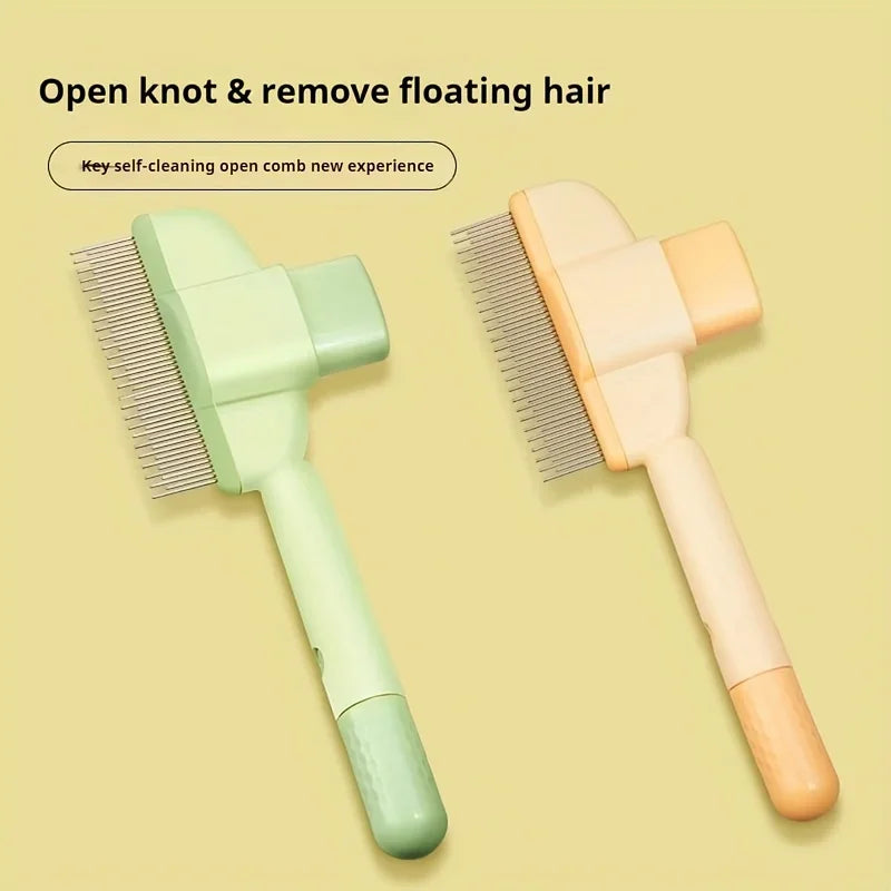 Two self-cleaning pet grooming combs in pastel green and peach, featuring metal teeth and a one-click button handle.