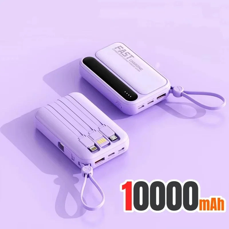 Two lilac 10,000mAh portable power banks with integrated charging cables and a matching carry strap on a purple background.
