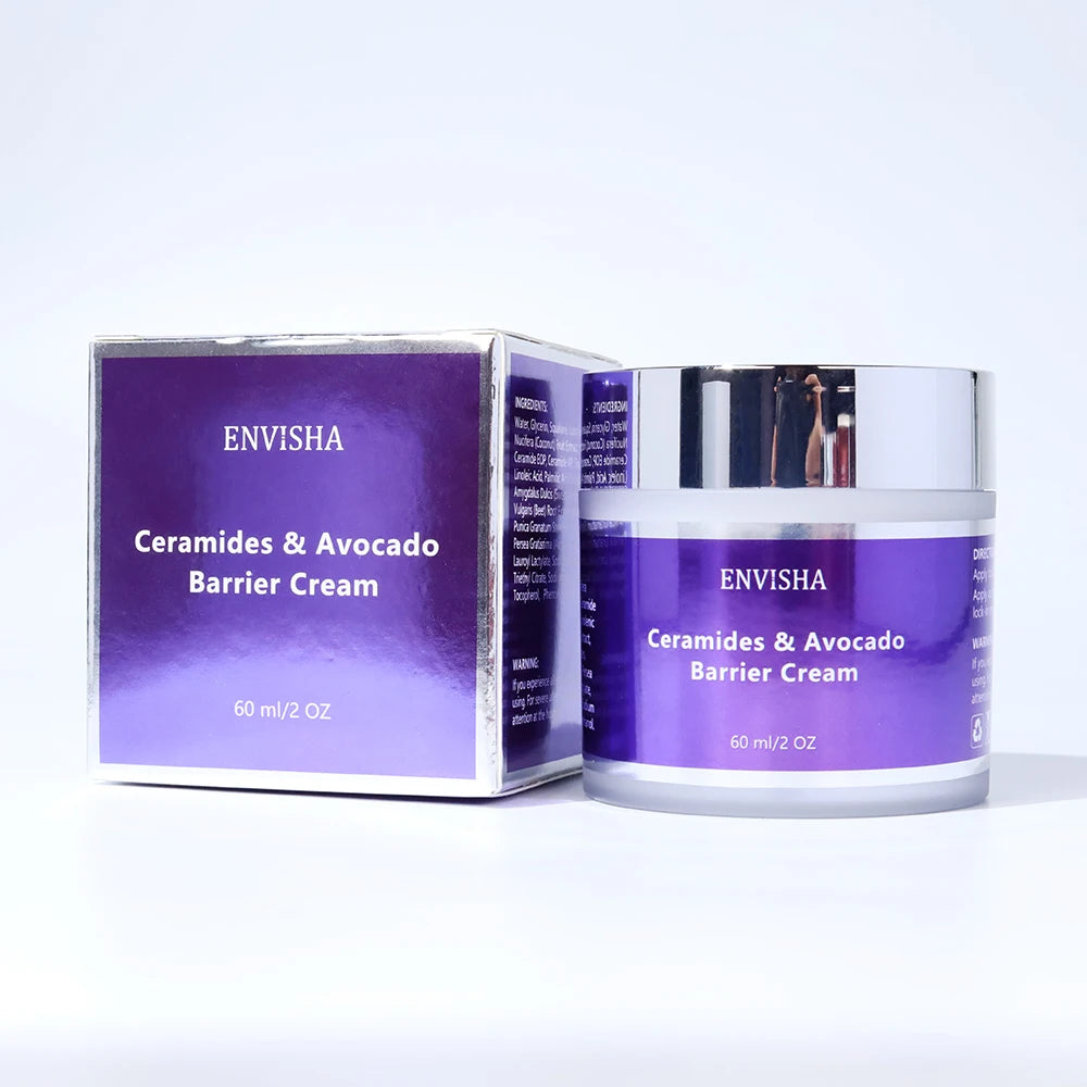 Ceramides & Avocado barrier cream in a 60ml frosted glass jar with a metallic silver lid and matching purple box.