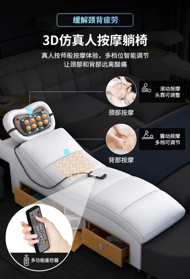 White genuine leather upholstered massage bed frame with a classic headboard, integrated remote control and storage.