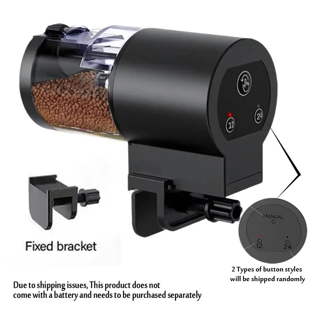 Black automatic fish food dispenser with a clear grain container, digital control panel, and adjustable mounting bracket.