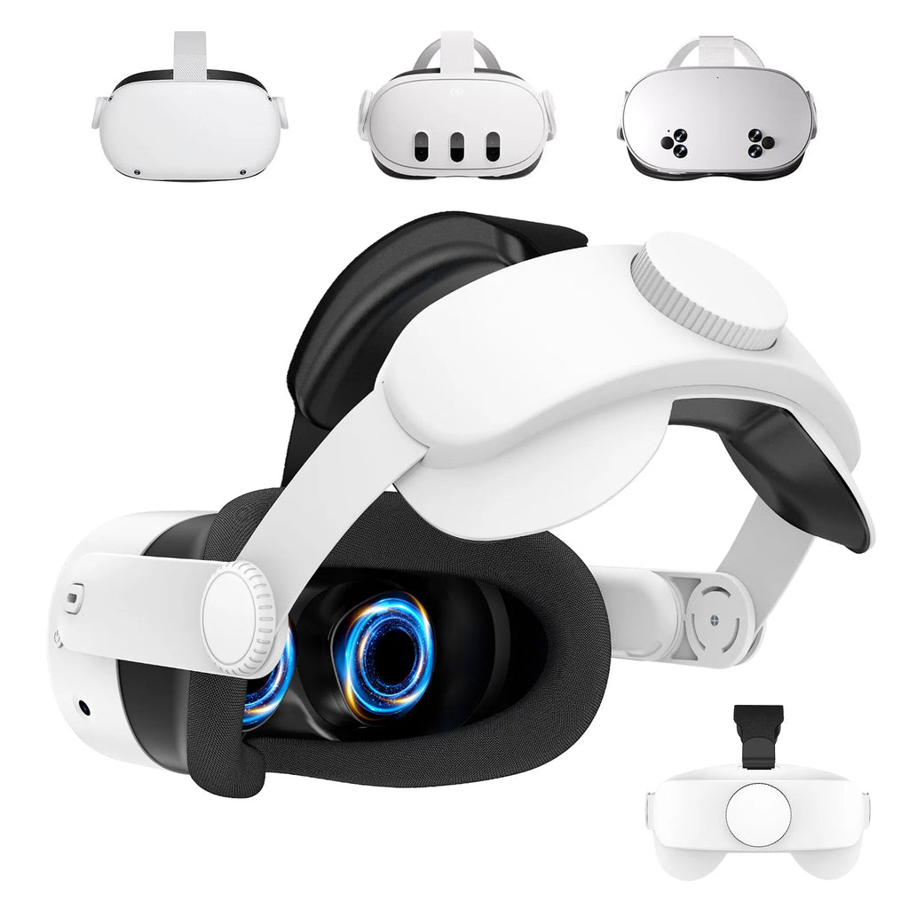 White adjustable VR headset strap with a comfortable black padded head rest and rear tension adjustment dial.
