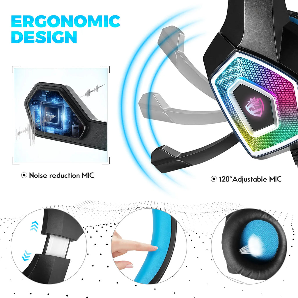 Black gaming headset with RGB lighting, adjustable noise-cancelling mic, cushioned blue headband and soft ear pads.