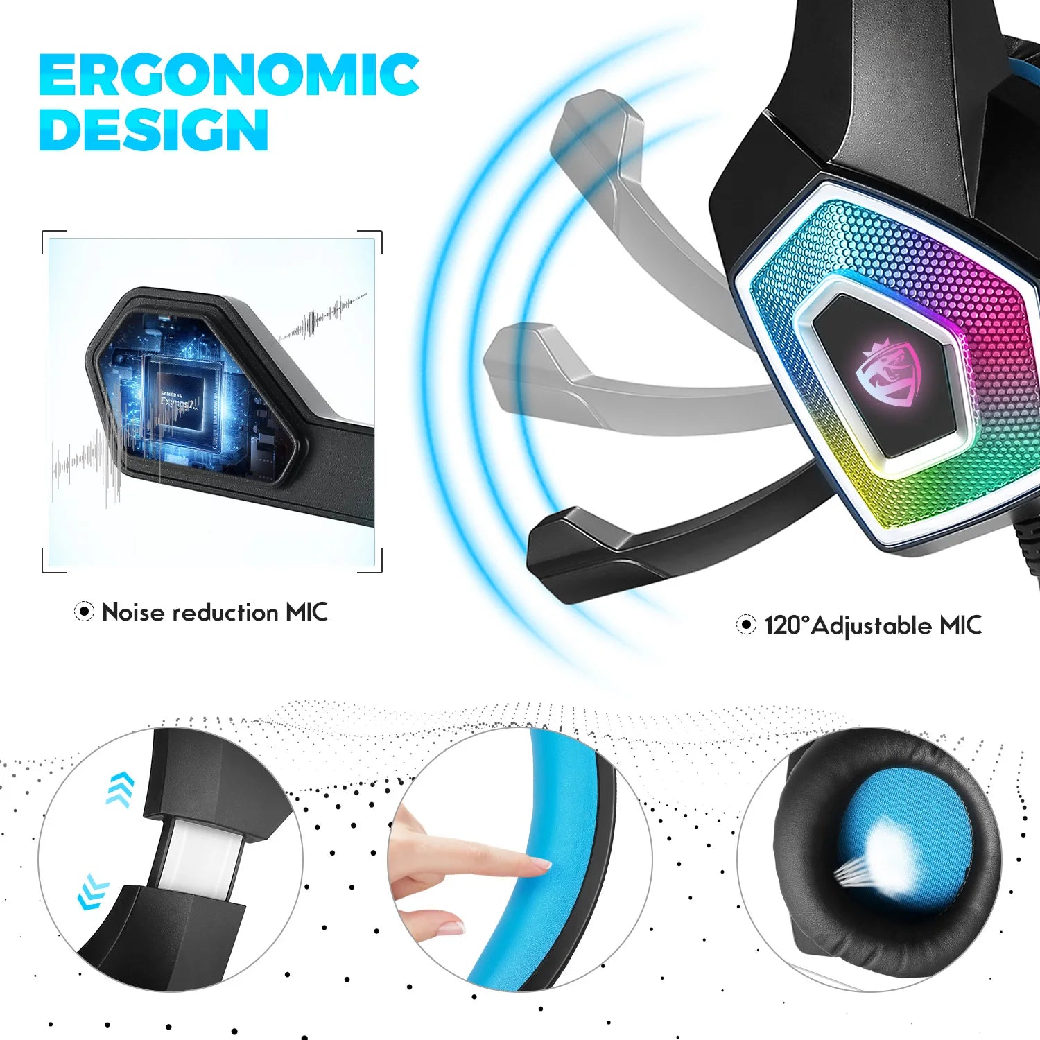 Black gaming headset with RGB lighting, adjustable noise-cancelling mic, cushioned blue headband and soft ear pads.