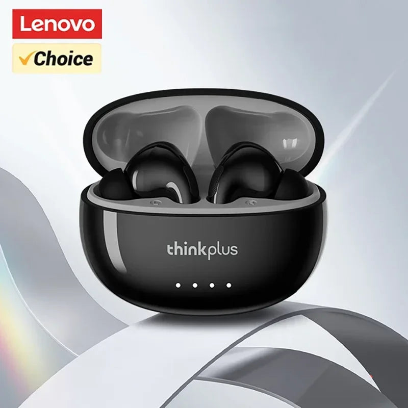 Glossy black wireless earbuds in an open matching charging case with four white indicator lights.