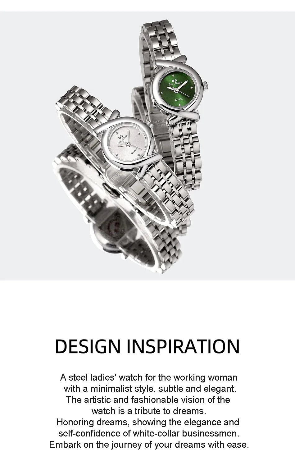 Two elegant stainless steel ladies' quartz watches with link bracelets, featuring round green and white faces.