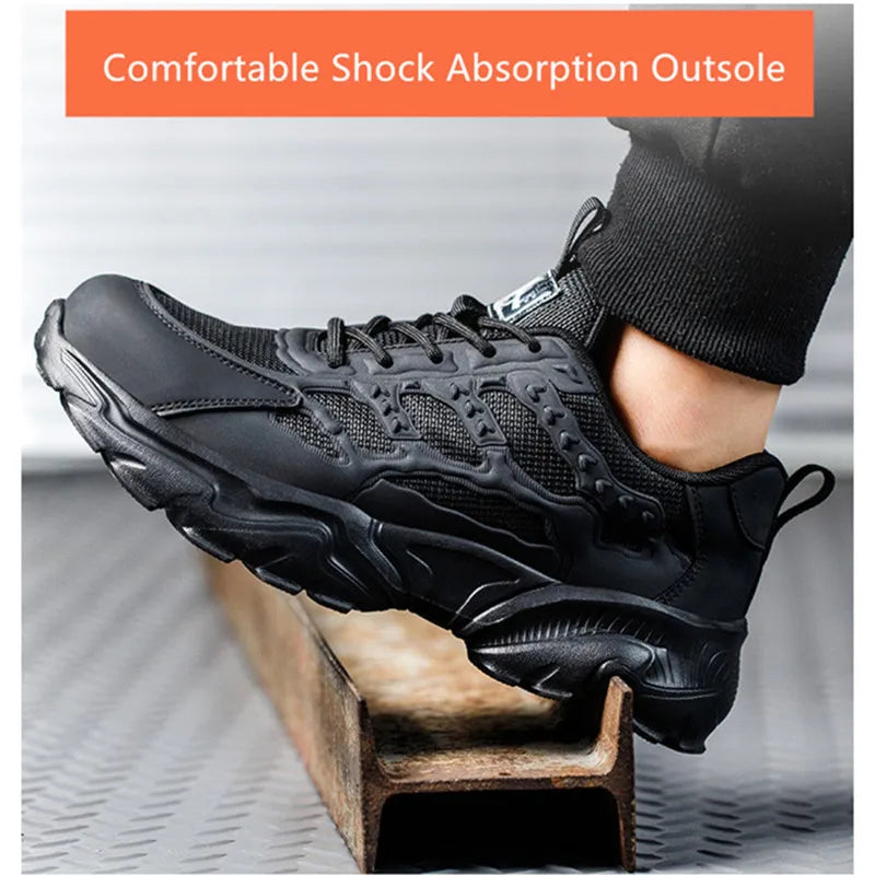Black lightweight safety work sneaker with steel toe and thick shock-absorbing outsole on a metal beam.
