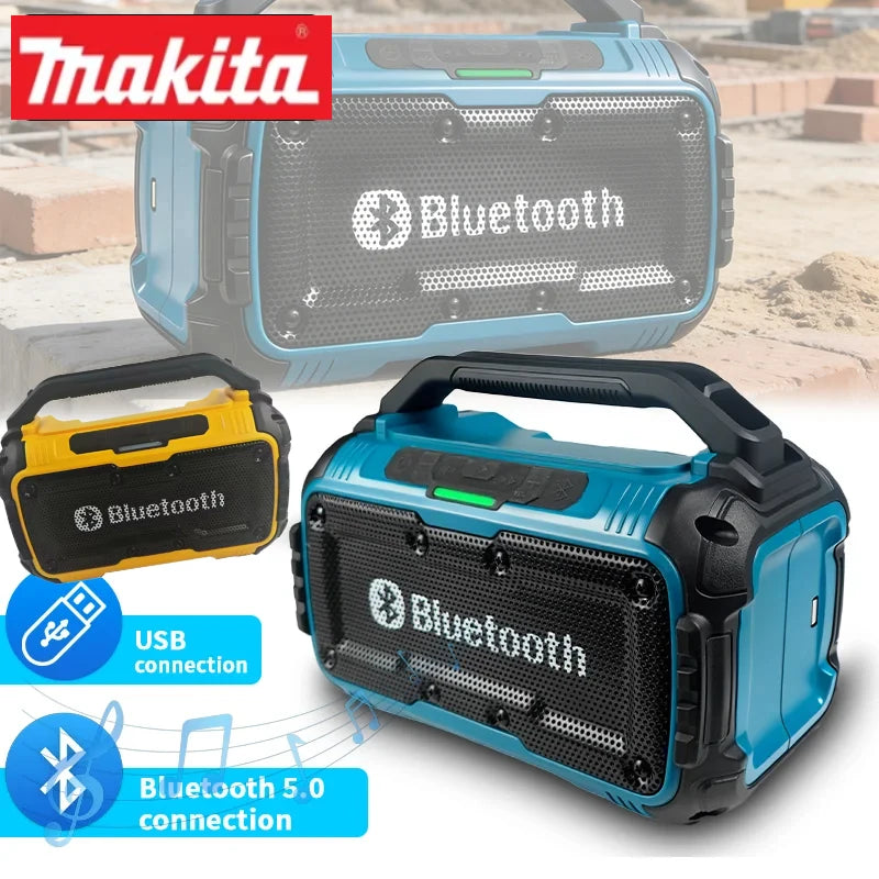 Rugged, portable Bluetooth speakers in blue and yellow, featuring a carry handle, USB port, and wireless connectivity.