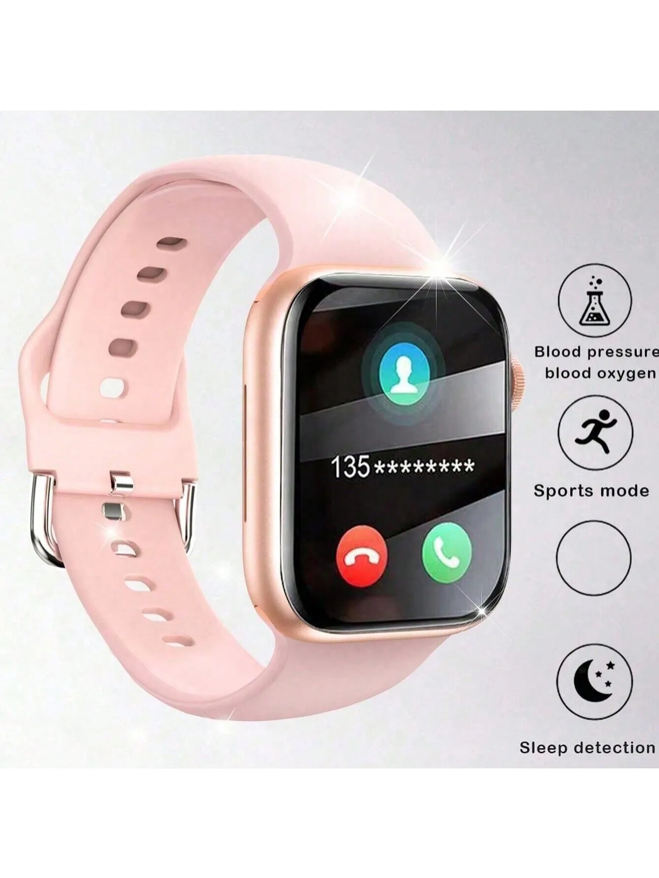 Rose gold smartwatch with a pink silicone strap, featuring a touchscreen for calls, health monitoring and sleep tracking.