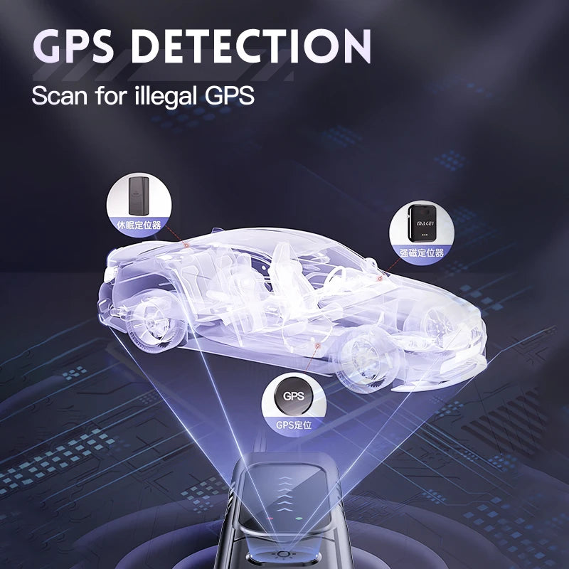 A sleek, black portable detector scanning a digital wireframe car to identify hidden GPS tracking devices.