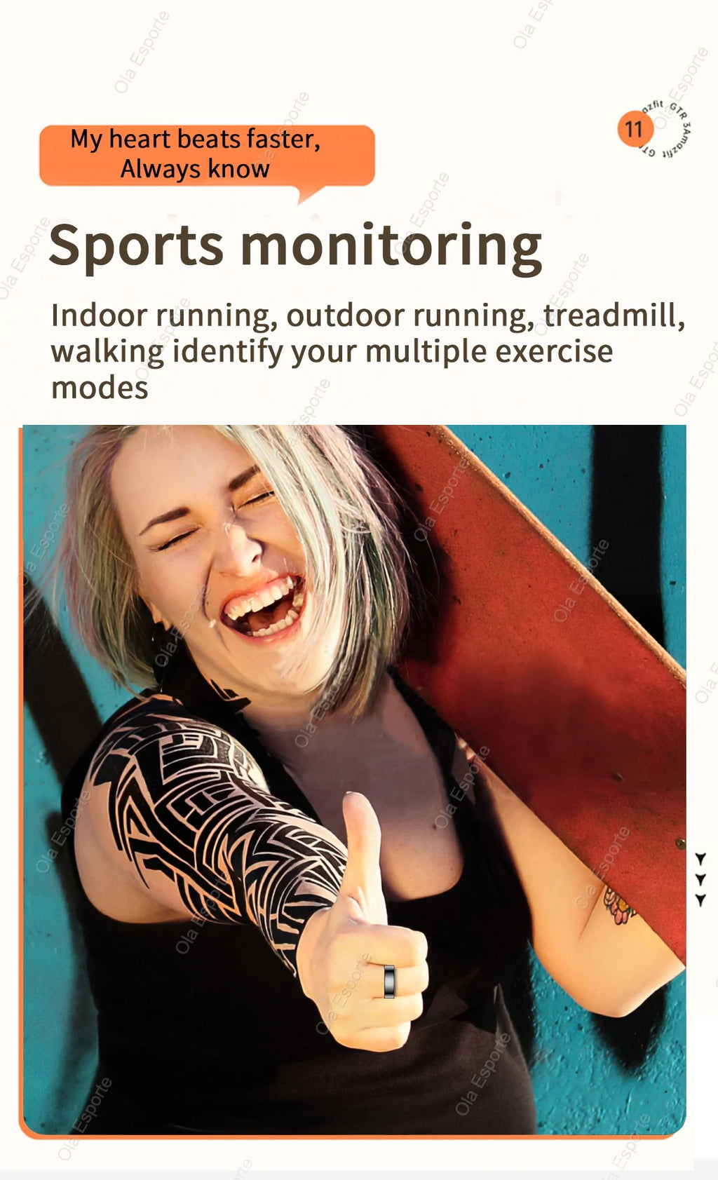 A sleek black health-tracking smart ring worn by a smiling woman giving a thumbs up.