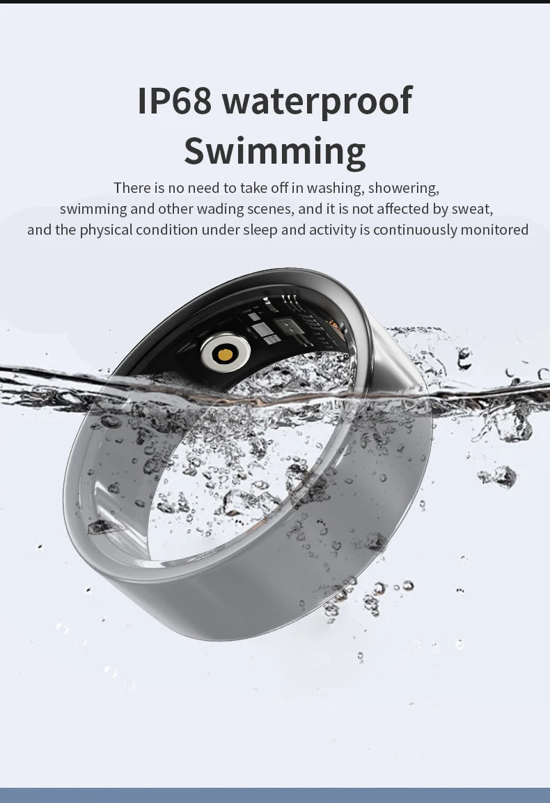 A sleek, silver waterproof smart health tracking ring partially submerged in water, showing inner charging sensors.
