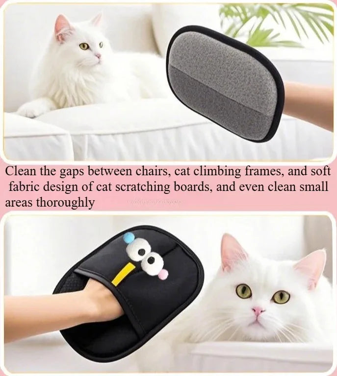 Hand-worn cleaning mitt for cat hair, featuring a grey textured side and a black side with fun googly eye detailing.