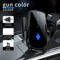 Gun-metal grey wireless car phone mount with adjustable side arms, air vent clip, magnetic connectors, and charging cable.