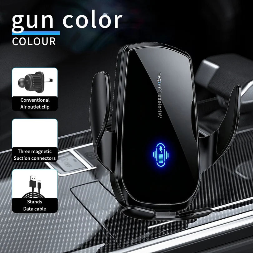 Gun-metal grey wireless car phone mount with adjustable side arms, air vent clip, magnetic connectors, and charging cable.