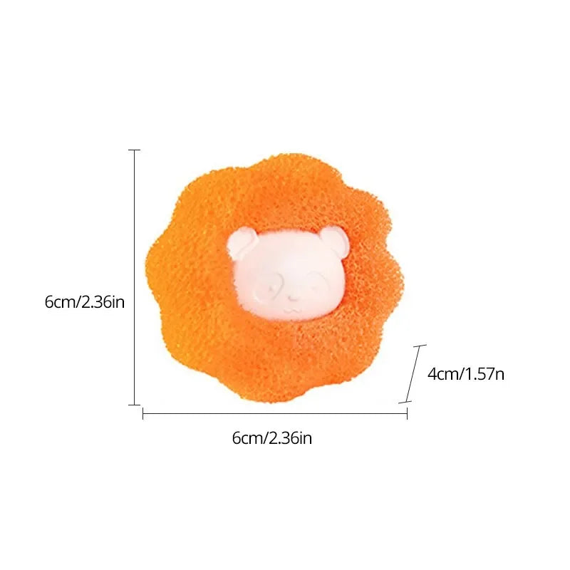 Round orange facial cleansing sponge with a cute white panda character face in the centre, showing dimensions.
