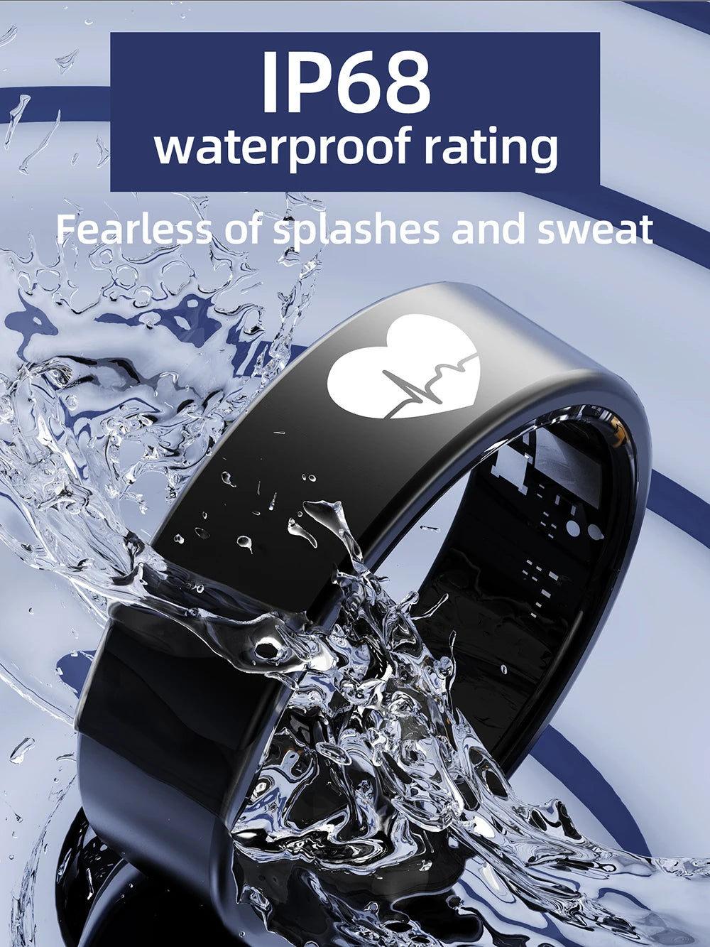 A sleek black smart fitness ring featuring a white heart rate icon, shown splashed with water to highlight IP68 rating.