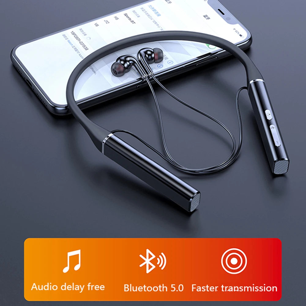 Glossy black wireless magnetic neckband headphones resting on a smartphone, featuring a sleek, minimalist design.