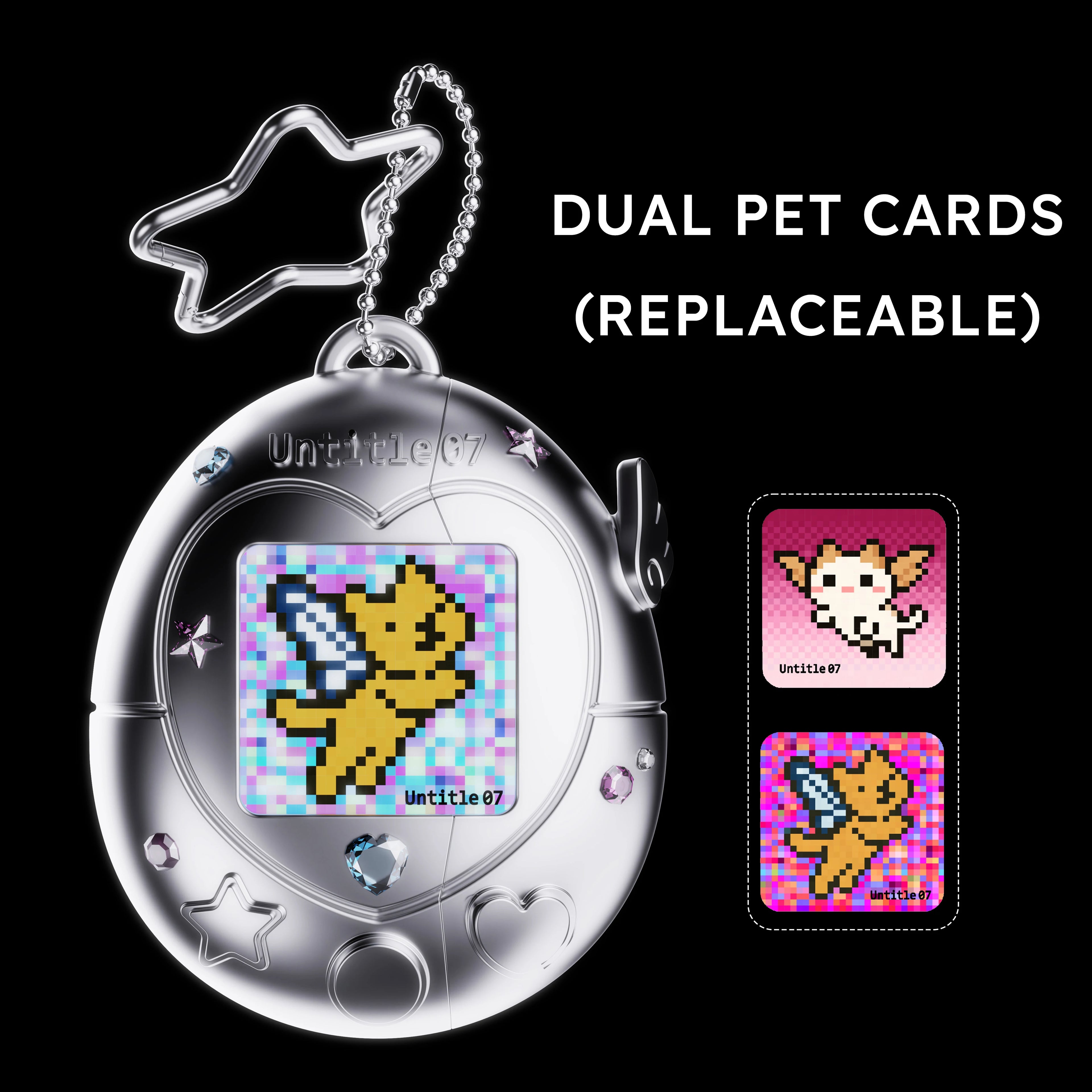 Silver metallic Tamagotchi-style AirPods case with star charm and two swappable pixel-art pet display cards.