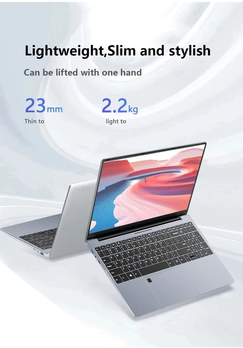 Silver 15.6-inch ultra-slim laptop with a sleek design, black keyboard, and vibrant screen display.