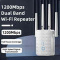 White 1200Mbps dual-band Wi-Fi range extender with four external antennae and a textured, modern design.