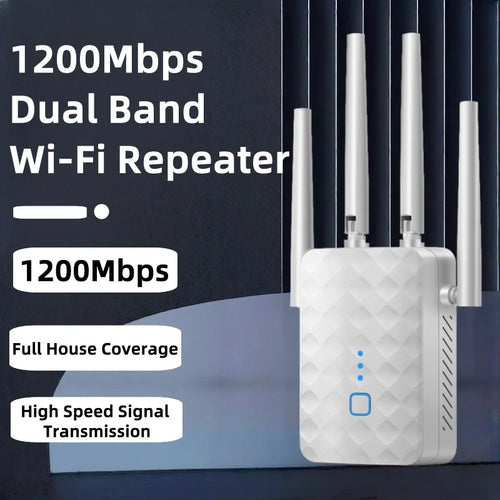 White 1200Mbps dual-band Wi-Fi range extender with four external antennae and a textured, modern design.