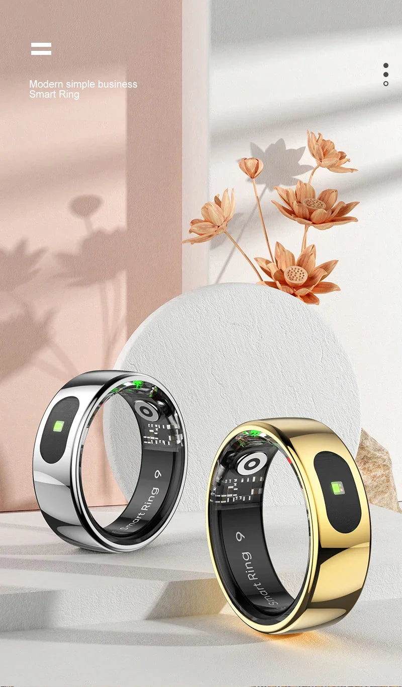 Silver and gold smart rings with internal sensors and sleek, polished finishes displayed on a minimalist background.