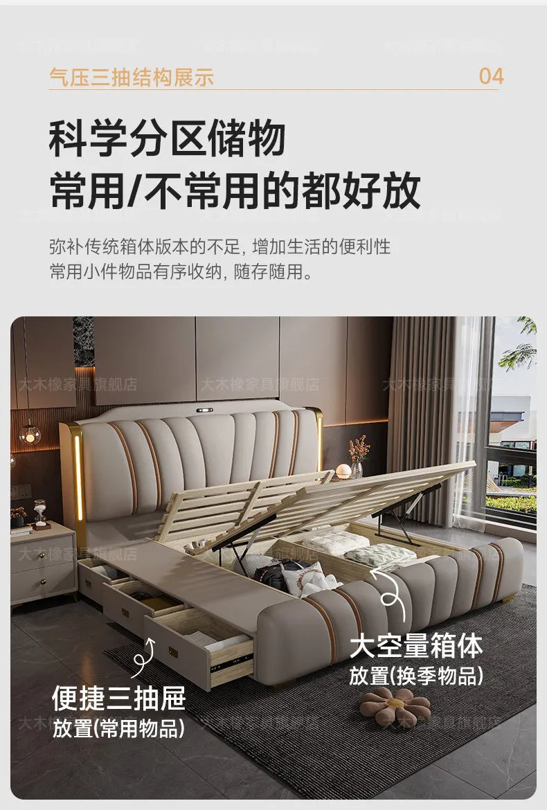 Modern grey luxury bed with integrated headboard lighting, under-bed storage drawers and an ottoman lift-up base.