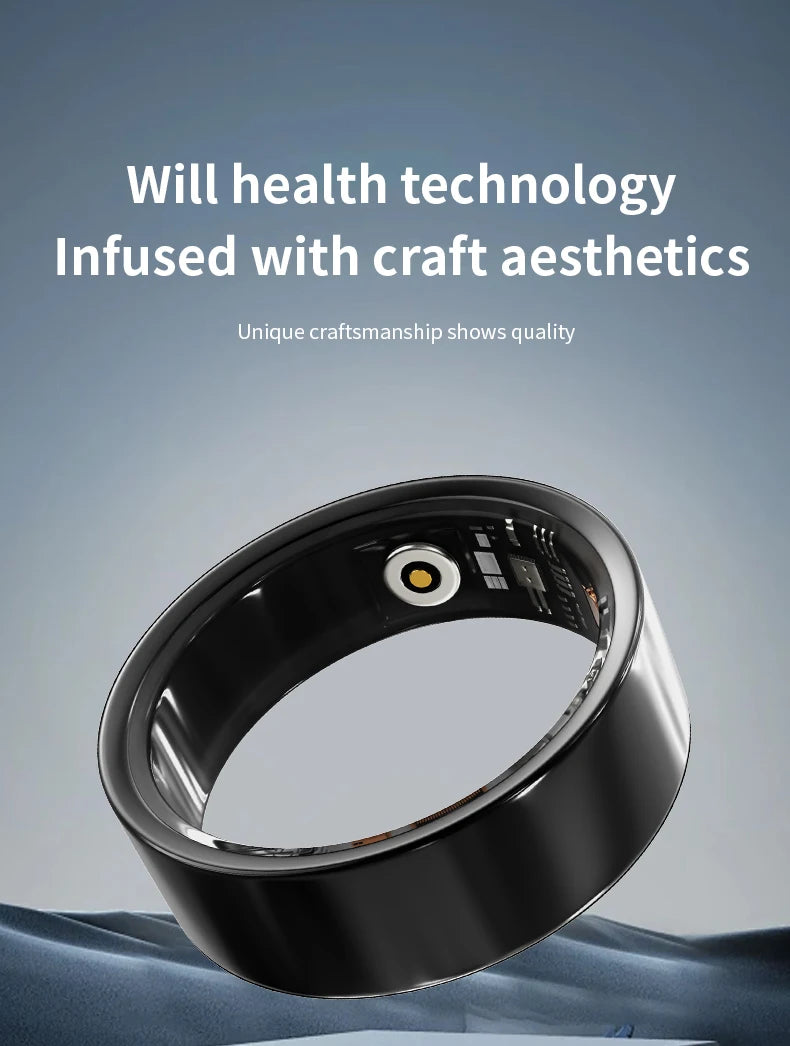 A sleek, polished black smart health tracking ring, showing the internal sensor technology and charging contact.