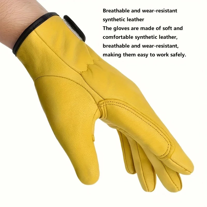A yellow PU leather work glove worn on a hand, featuring durable stitching and a black trim at the wrist.