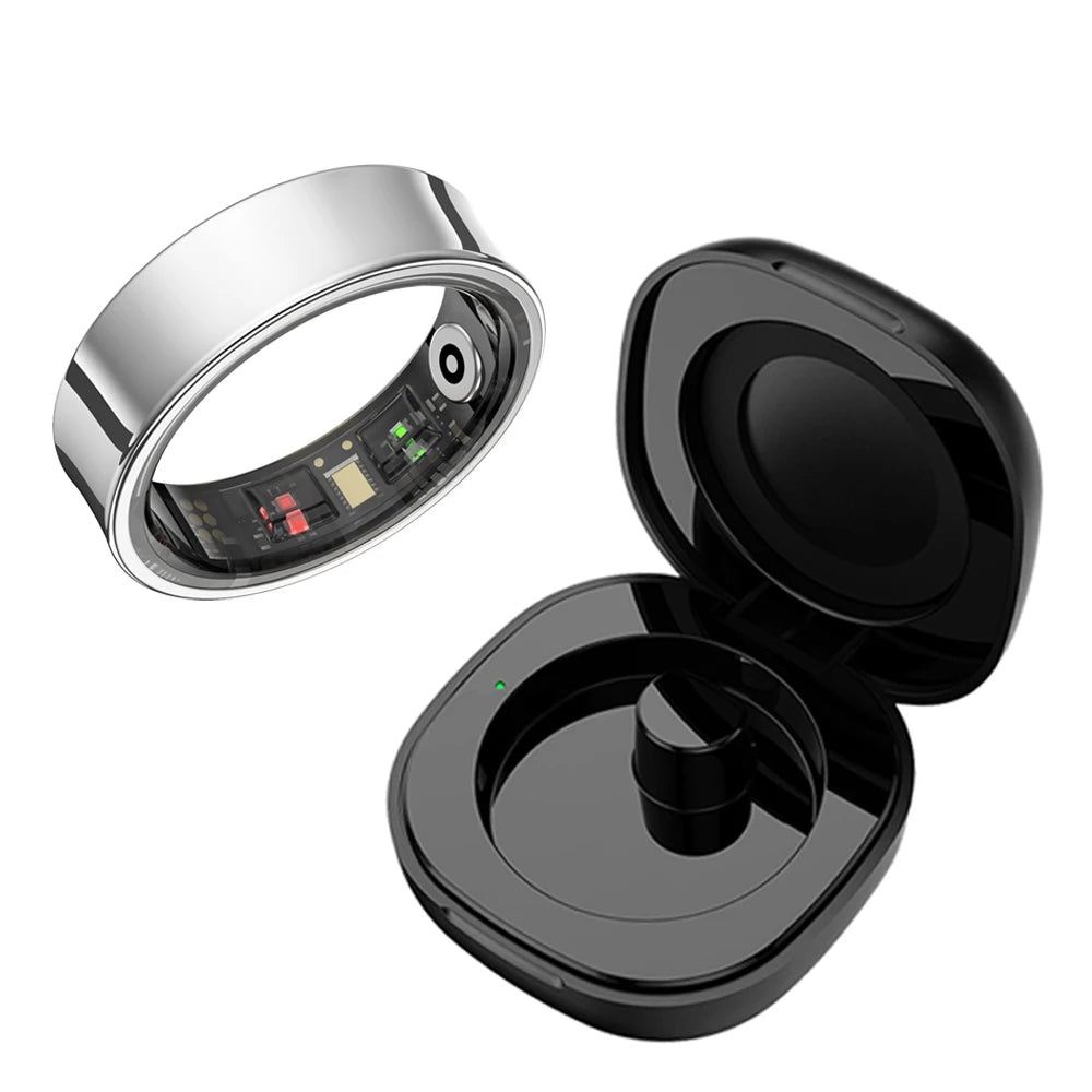 Silver smart health ring with internal sensors and a glossy black charging case.