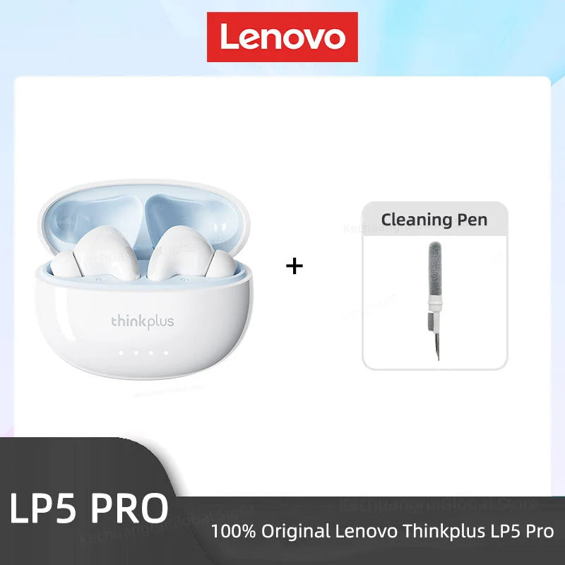 White wireless earbuds in a round charging case, bundled with a slender cleaning pen for maintenance.