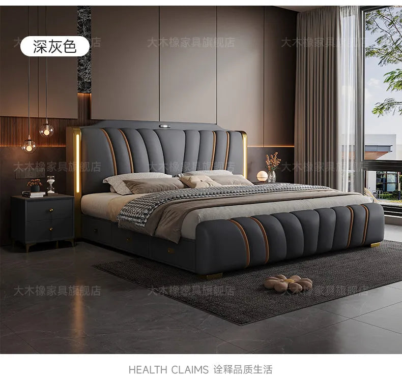 Luxury modern dark grey upholstered bed with gold trim, channel-tufted headboard, and integrated LED side lighting.