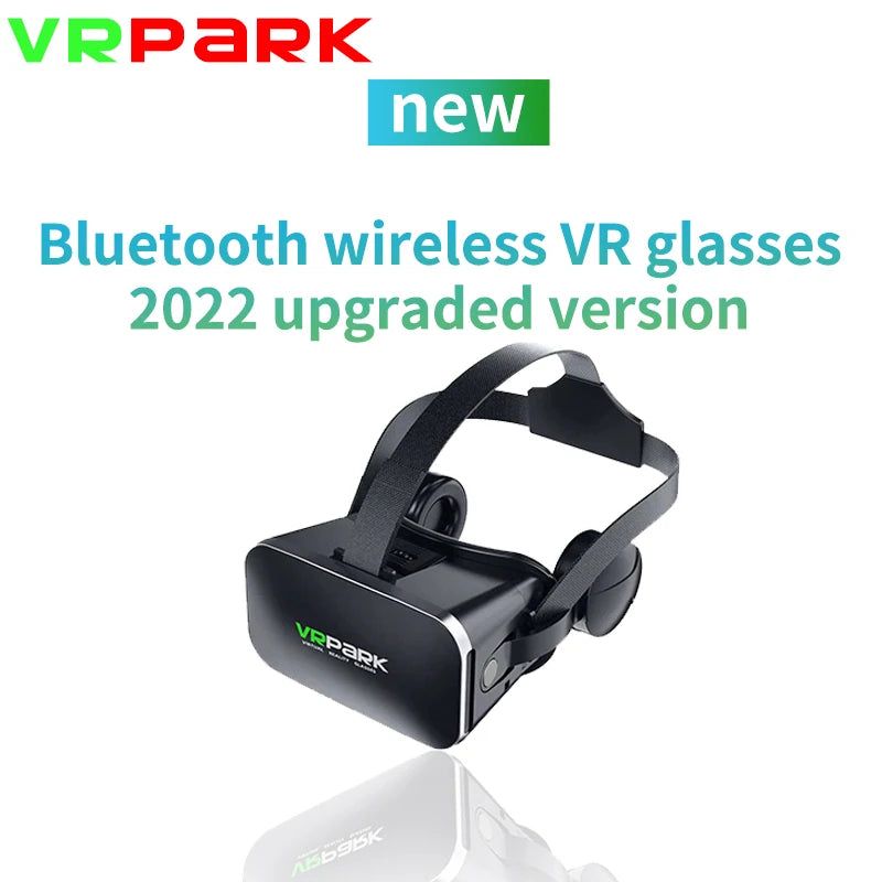 Sleek black 3D virtual reality headset with an adjustable head strap and integrated headphones for smartphones.