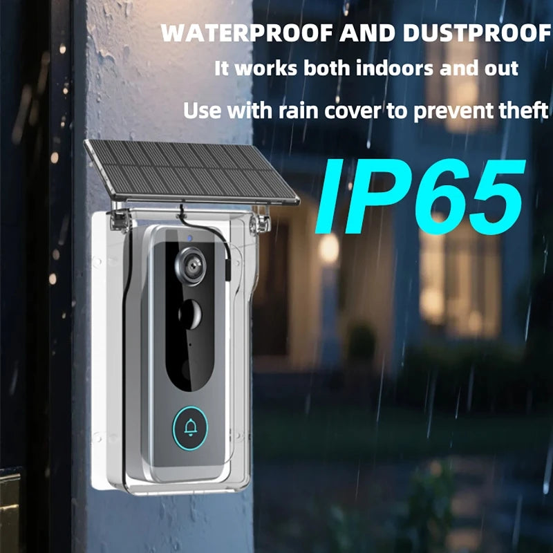 Smart Wi-Fi video doorbell in a protective cover with a solar panel, mounted on an outdoor wall.